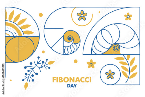 Fibonacci Day celebration. Golden spiral, sequence numbers, and natural patterns in a harmonious abstract design. Flat vector illustration.