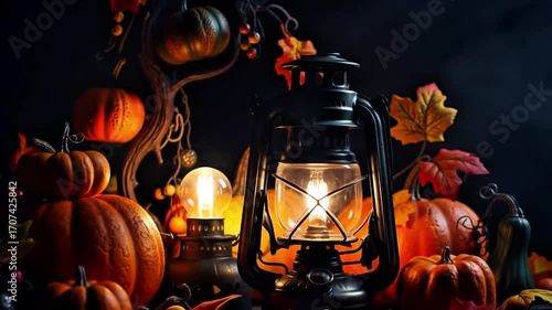 Vintage lantern glowing warmly among pumpkins and autumn branches with a nostalgic and mystical mood in a dark night scene with copy space