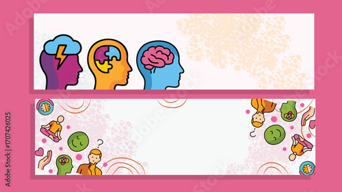 Colorful banner mental health awareness day psychology brain illustration