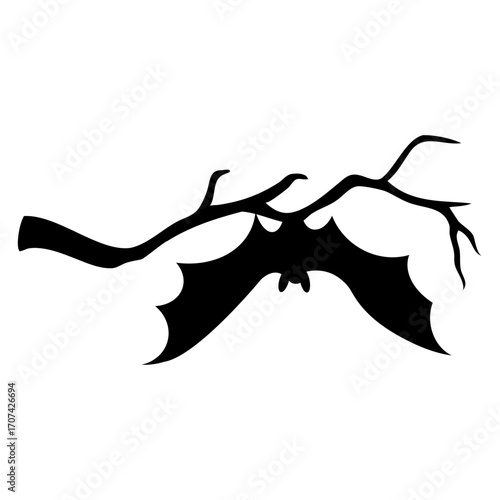 Logo con silueta de murciélago colgando de una rama de árbol para felicitaciones y tarjetas de Halloween