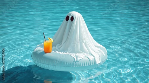 Ghostly figure relaxing on pool float with refreshing orange beverage