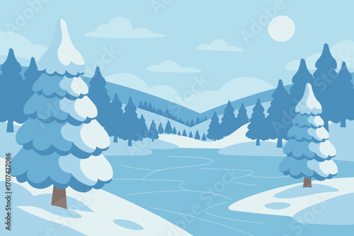 Winter forest landscape with snowy trees and frozen lake. Nature background. Cold season illustration