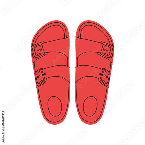 Women's colorful summer sandals and shoes in hand drawn styleVector illustration of various open summer sandals with straps, low and high platform isolated. Summer cute slippers and sandals