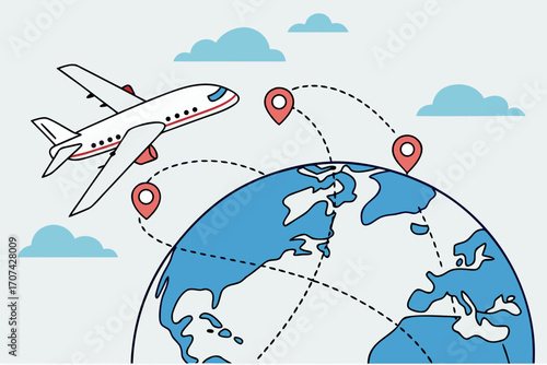 Airplane flying around globe with travel route markers and dotted lines