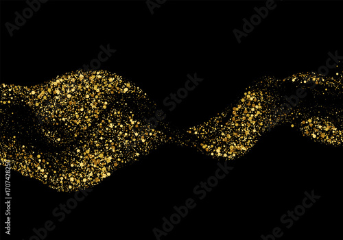 Golden wave with shimmering particles creating a luxurious abstract flow on a black background