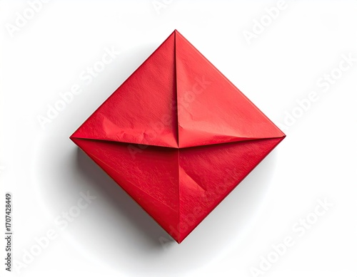 Red origami box, diamond shape, folded creases, isolated on white