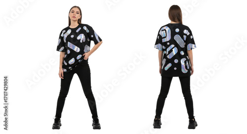 Woman wearing black and white abstract print t-shirt.