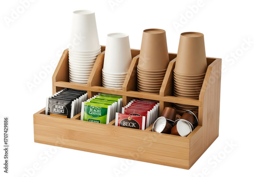 Wooden organizer with coffee cups, tea bags, and coffee pods is ready for beverage service isolated on transparent background