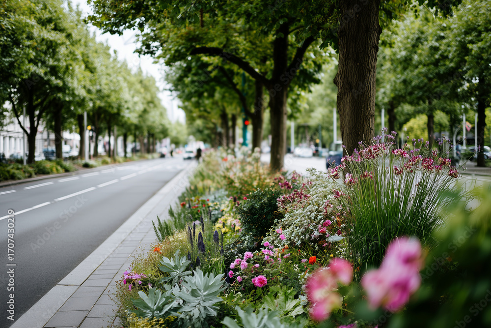 Obraz premium Wide boulevard with green median full of trees and flowers, sustainable city planning, 