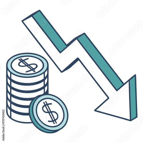 Financial downturn illustration showing falling arrow with dollar coins symbolizing economic crisis, money loss, business decline, and market crash concept in modern flat style