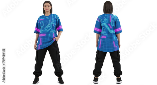 Woman wearing a vibrant blue tie-dye t-shirt and matching pants front and back view fashion clothing.