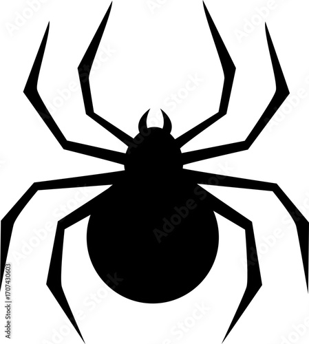 Top down view of black spider silhouette with a defined body, head, and sharp legs. The bold, intricate design, perfect for a spooky Halloween decoration or a creepy clip art.