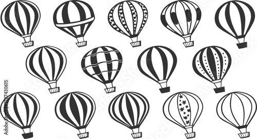 Hot Air Balloon Vector Icons Set – Black and White Silhouettes Collection