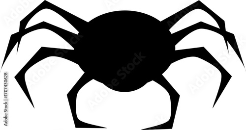 A stylized black spider silhouette in front view with a circular body and eight sharp, angular legs. Bold clip art, vector icon, perfect for Halloween decorations.