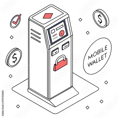 Mobile wallet payment kiosk illustration showing secure digital transaction system, representing fintech, cashless payments, and modern financial technology services
