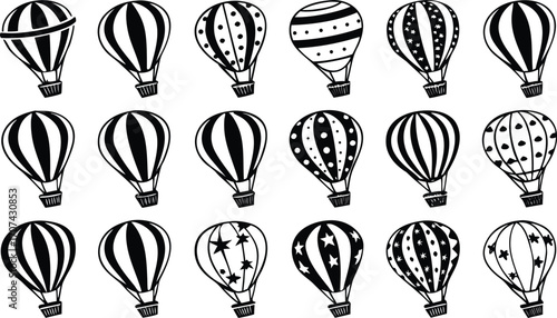 Hot Air Balloon Vector Icons Set – Black and White Silhouettes Collection