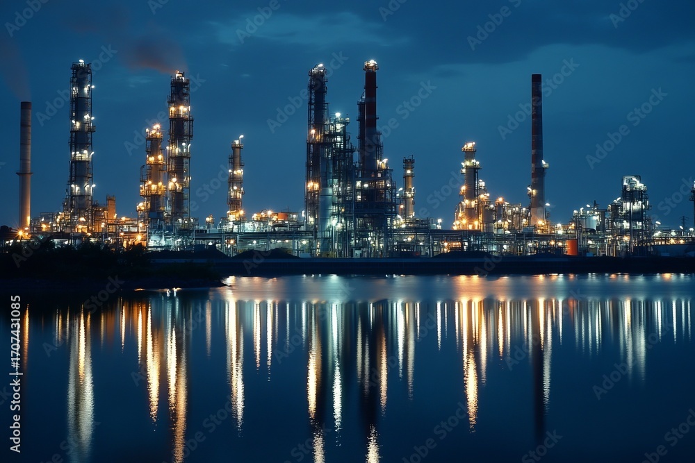 Naklejka premium Industrial complex at night, reflected in water