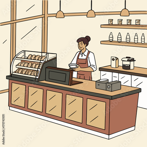 Illustration of a modern café counter with a smiling barista holding a cup, pastry display case, coffee machine, and shelves with bottles and cups. Perfect for coffee shop and bakery themes