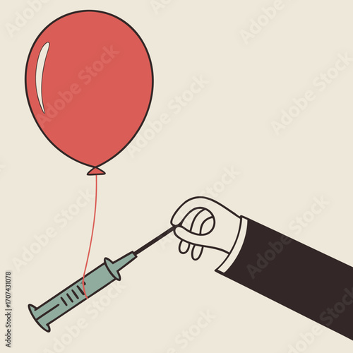 Vector illustration of a hand with syringe popping a red balloon, symbolizing burst of dreams, fragile hopes, sudden risk, failure, or reality check in life.