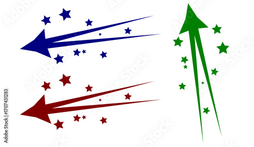 Dynamic arrows with star bursts for movement action and direction concepts modern design