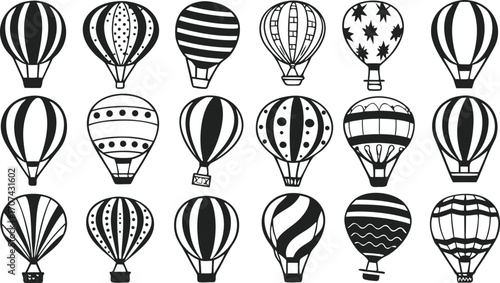 Hot Air Balloon Vector Icons Set – Black and White Silhouettes Collection