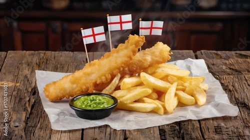Traditional British fish and chips steaming hot with crispy golden batter, thick cut fries and mushy peas served on rustic wooden table with England flags and cinematic movement for appetizing video