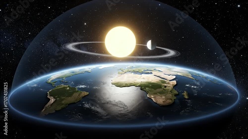 Visualizing a Conceptual Flat Earth Model with Sun Moon and Protective Dome Enclosing a Detailed Earth View Against a Starry Space Backdrop