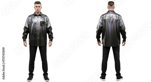 Man wearing stylish black and white gradient shirt and black pants.