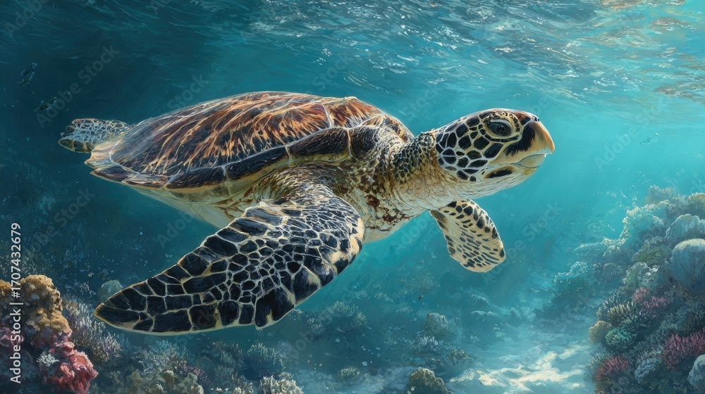 Fototapeta premium Sea turtle glides through vibrant coral reef (1)