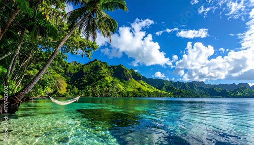Wallpaper Mural Tropical paradise with a hammock. Lush greenery, turquoise water, and a clear sky Torontodigital.ca