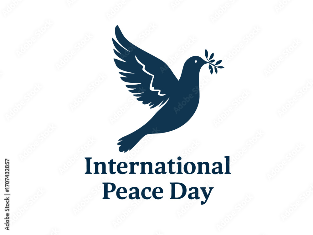 Obraz premium Elegant dark blue dove with olive branch and International Peace Day text on white background. Ideal for posters, cards, and peace event illustrations