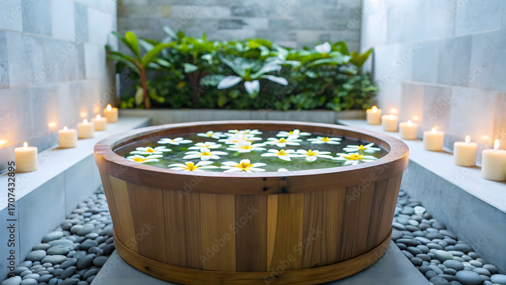 custom made wallpaper toronto digitalSpa and longevity concept. retirement and wellness. ancient herbal longevity bath with floating medicine.