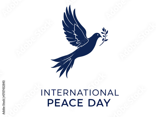 Elegant dark blue dove with olive branch and International Peace Day text on white background. Ideal for posters, cards, and peace event illustrations
