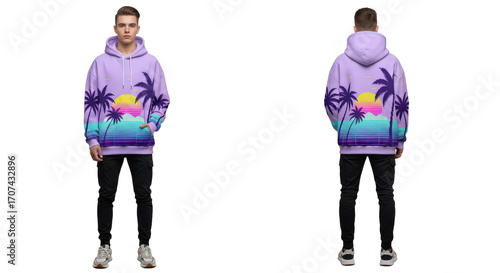 Stylish hoodie with a vibrant sunset palm tree design perfect for casual wear.