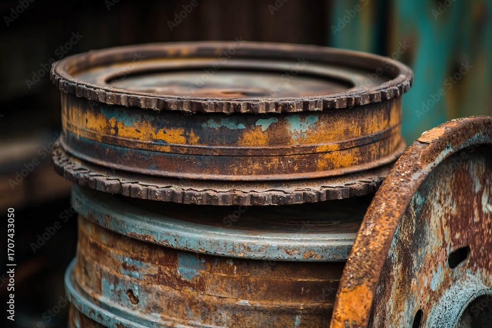 Fototapeta premium Stack of rusty metal discs, weathered and aged