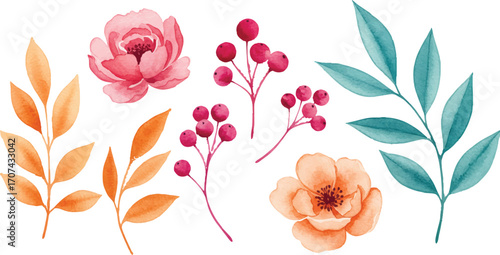 A beautiful vector watercolor flower illustration set with isolated pink and orange blossoms, red berries, and colorful leaves for design.