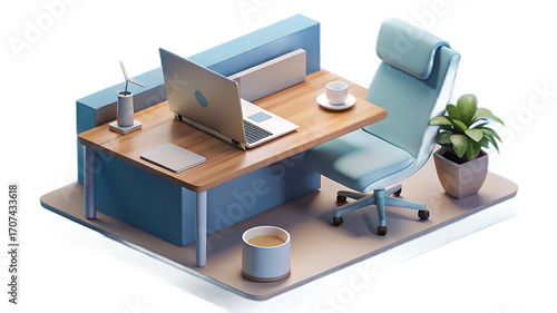 Isometric view of a desk setup with laptop coffee plant and chair in a modern office space