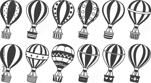 Hot Air Balloon Vector Icons Set – Black and White Silhouettes Collection