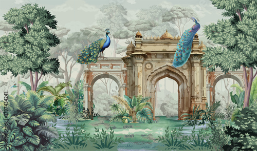 Transform your walls with unique and trendy wallpaper designs, Mughal Garden Wall Mural Illustration, Peacock, Mughal Arch.