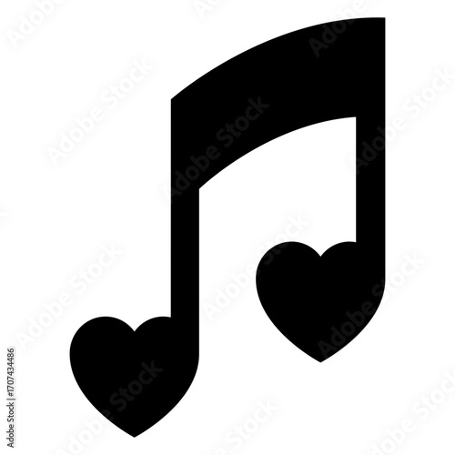 Logo música romántica. Icono nota musical con corazones 