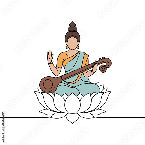 Continuous Simple black line art drawing of a saraswati maa in a minimalist style on a white background.