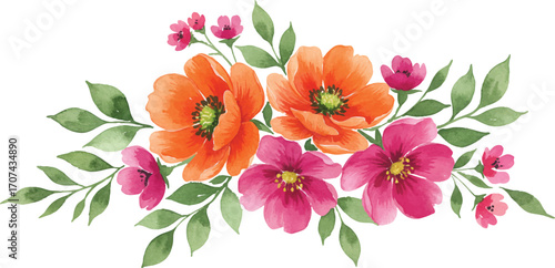A vibrant vector watercolor flower illustration featuring a beautiful arrangement of orange and pink blossoms with lush green leaves.