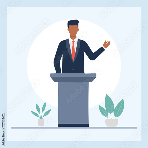 A confident Black man delivers a speech from a podium, gesturing to his audience.
