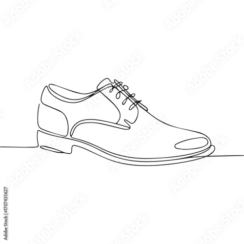Continuous Simple black line art drawing of a oxford shoes in a minimalist style on a white background.