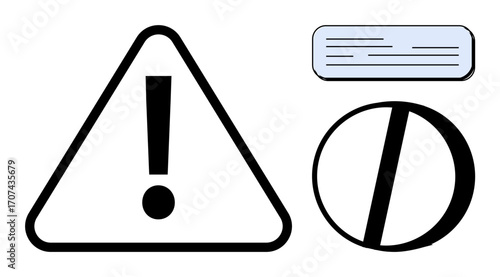 Exclamation mark inside triangle paired with a rectangular text block and abstract circle. Ideal for alerts, warnings, design caution, communication, instructions, guidance, and inspiration. Simple