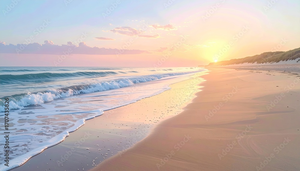 Obraz premium Golden Sunrise Beach With Fog Rolling Over Sandy Shoreline and Gentle Waves in Light Pink and Blue Sky, Natural Serenity and Tranquility