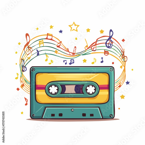 Vector illustration of a retro cassette tape unraveling into music notes, colorful and nostalgic style for vintage-themed T-shirts