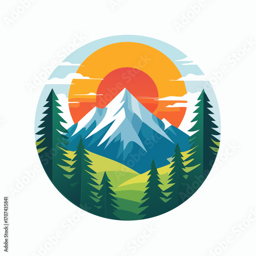 Full-color vector of a mountain landscape with pine trees and a rising sun, minimal yet vibrant style for outdoor adventure shirts