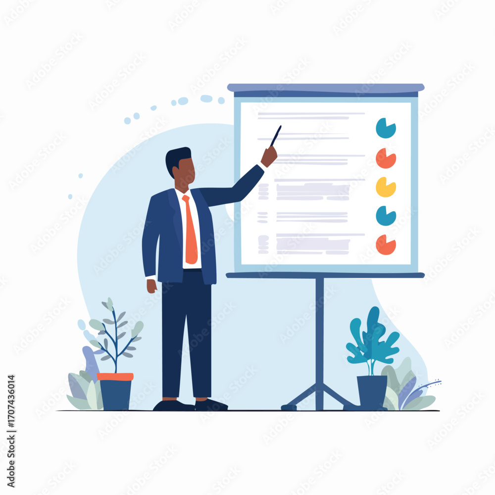 Fototapeta premium An African American businessman presenting a report on a flip chart, giving a presentation.