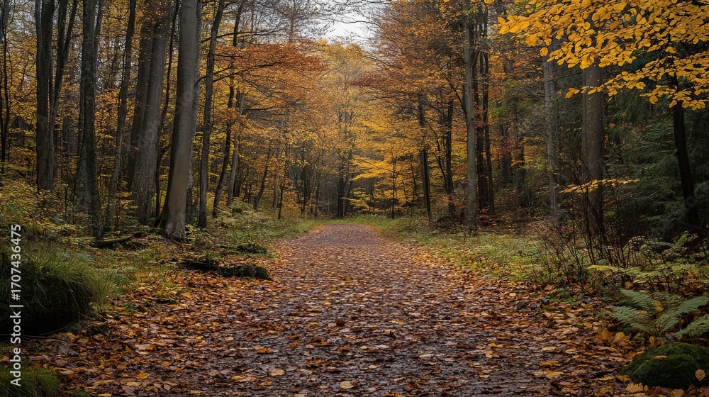 Obraz premium Autumnal forest path. Fallen leaves carpet a gravel path, leading through a dense autumn wood. Sunlight filters weakly through the canopy of vibrant yellow and orange leaves
